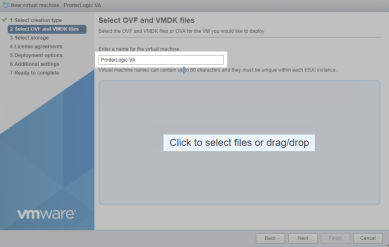 New Virtual Machine window showing the fields to enter the virtual machine name and upload the OVA file in ESXi highlighted. 